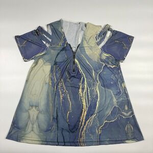 Womens Tunic Top 2XL Multi Marble Print Lightweight Cold Shoulder Sleeve 1/4 Zip